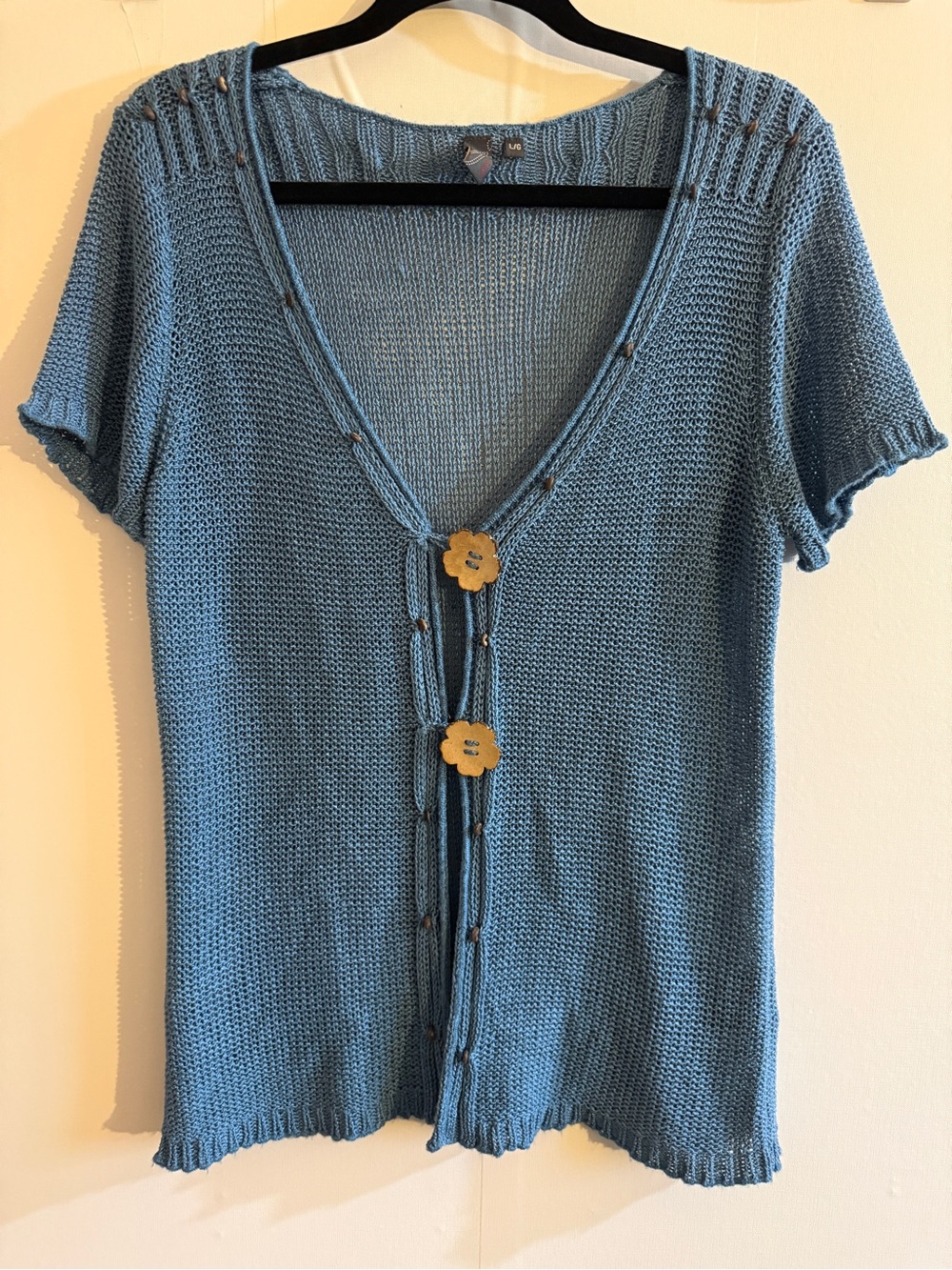 Blue Open Knit Short Sleeve Cardigan L/XL Wood Flower Buttons Boho Coastal